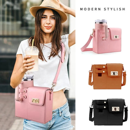 Outdoor Portable Crossbody Water Cup Storage Bag Multifunctional PU Leather Cup Bag With Adjustable Strap For Women