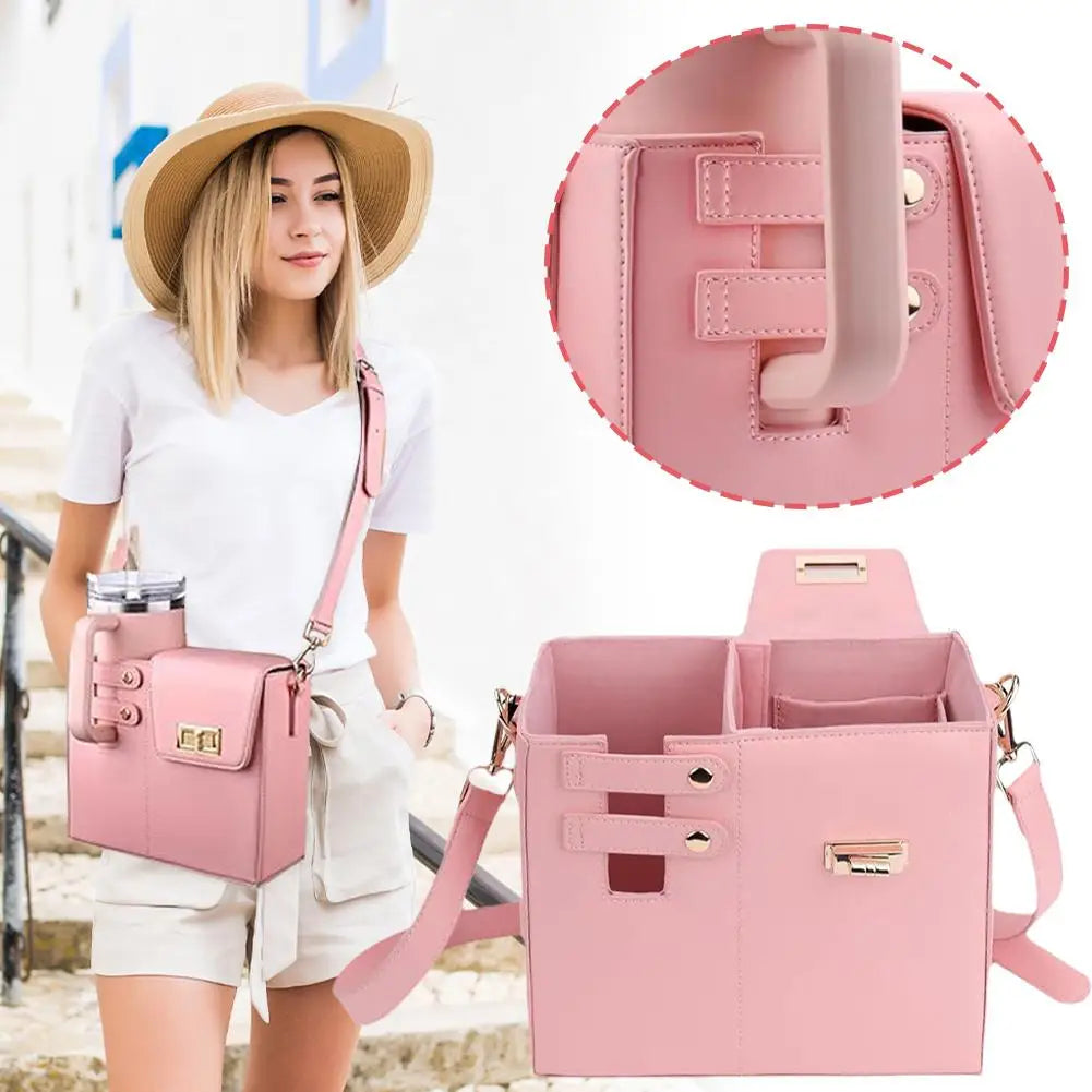 Outdoor Portable Crossbody Water Cup Storage Bag Multifunctional PU Leather Cup Bag With Adjustable Strap For Women