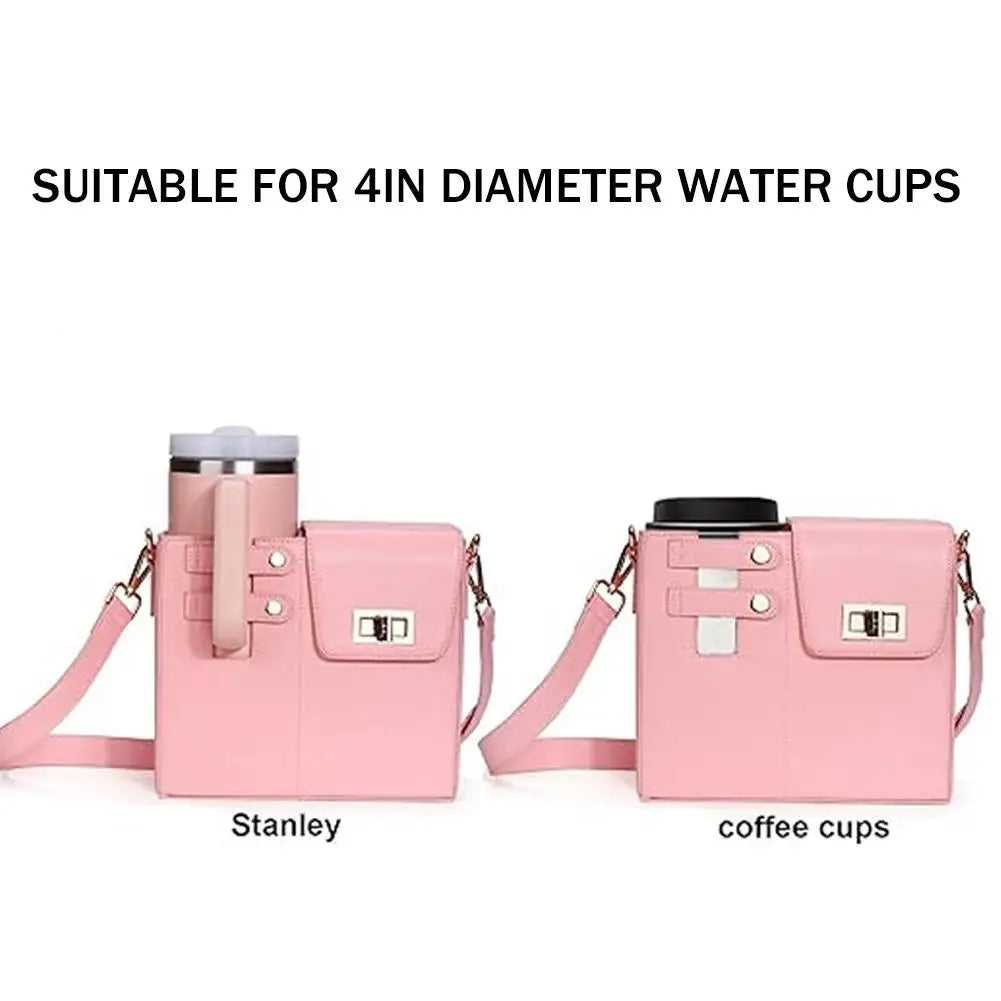 Outdoor Portable Crossbody Water Cup Storage Bag Multifunctional PU Leather Cup Bag With Adjustable Strap For Women